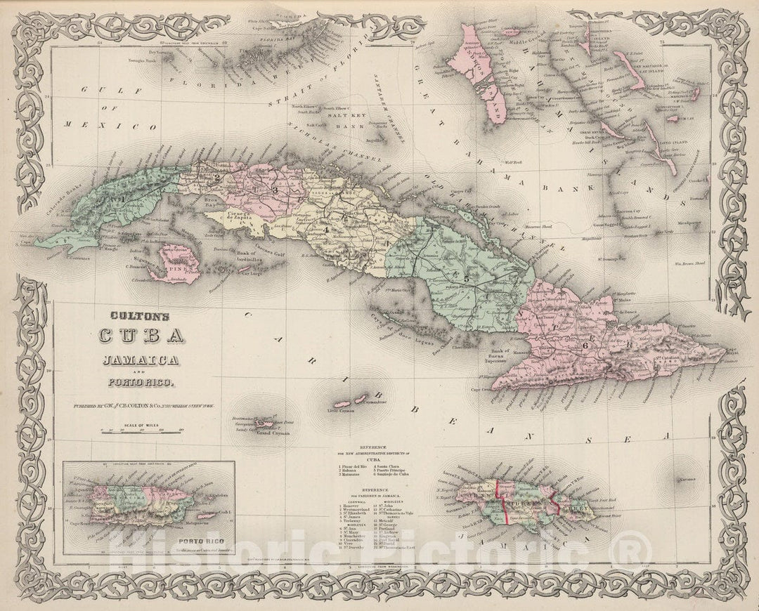 Historic Wall Map : 1886 Cuba, Jamaica and Puerto Rico. - Vintage Wall Art