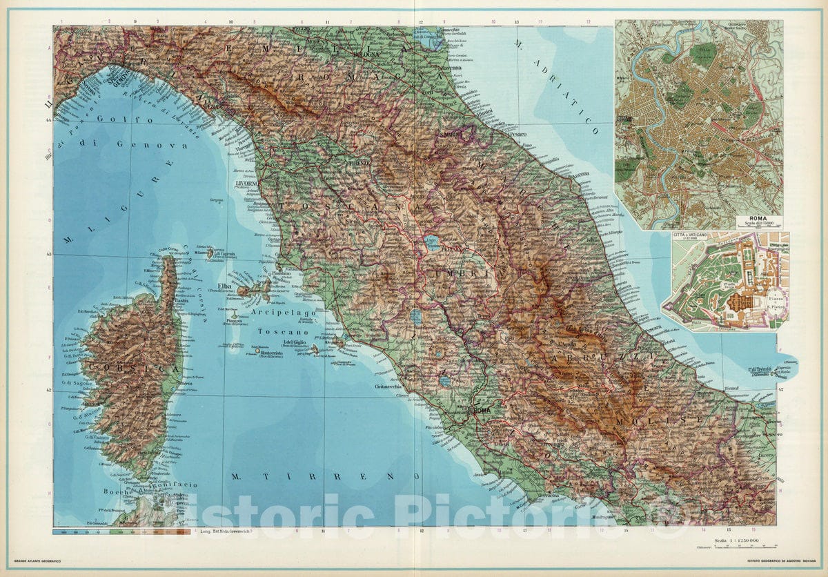 Historic Map : Italy; Vatican, 1952 Italia Centrale. , Vintage Wall Art