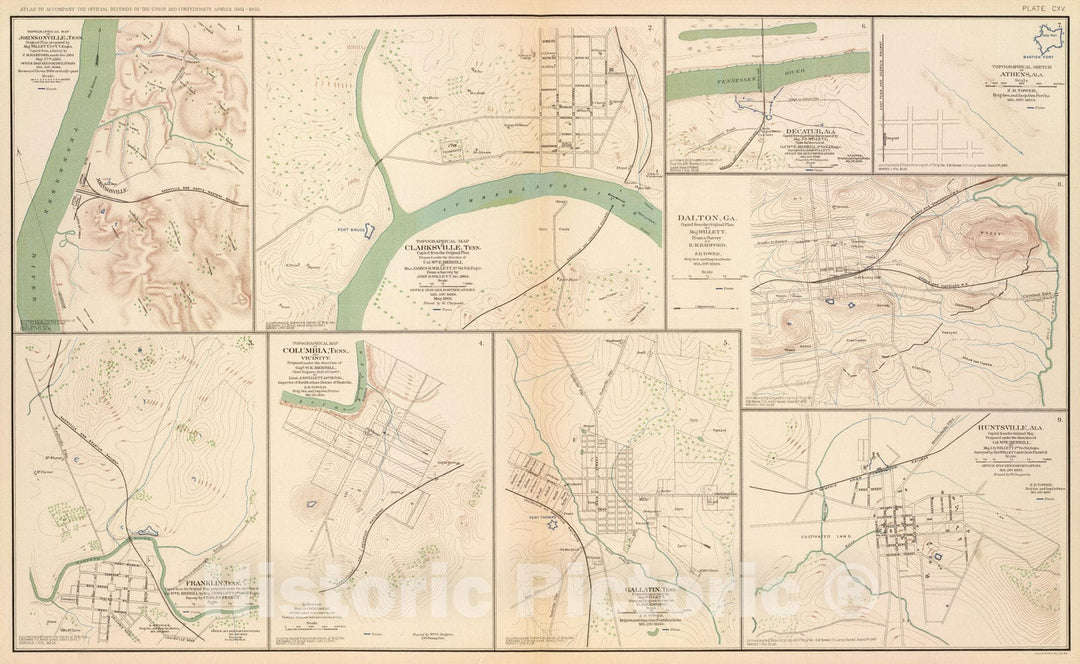 Historic Map : Military Atlas - 1895 Clarksville, Tenn, Dalton, Ga. - Vintage Wall Art