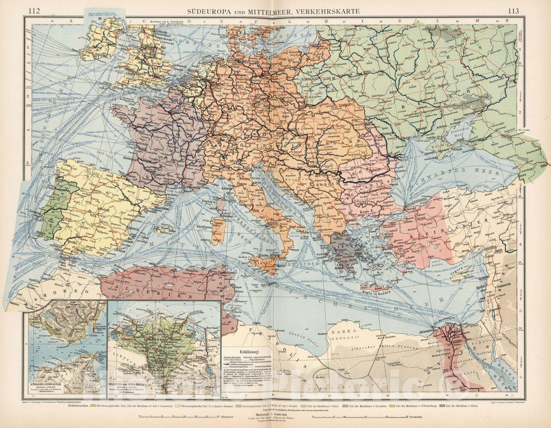 Historic Wall Map : Europe, Southern 1905 Sudeuropa und Mittelmeer, Verkehrskarte , Vintage Wall Art