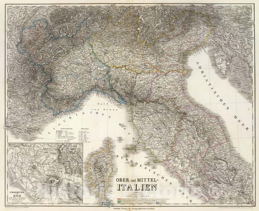 Historic Map : Italy; Slovenia, Rome Region (Italy) 1855 Ober, Mittel-Italien. , Vintage Wall Art