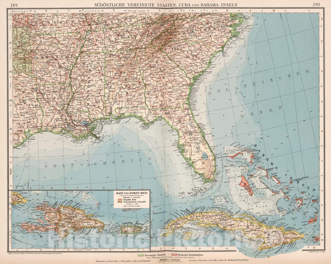 Historic Map : United States; Haiti; Puerto Rico, , North America 1905 Sudostliche Vereinigte Staaten, Cuba und Bahama - Inseln , Vintage Wall Art