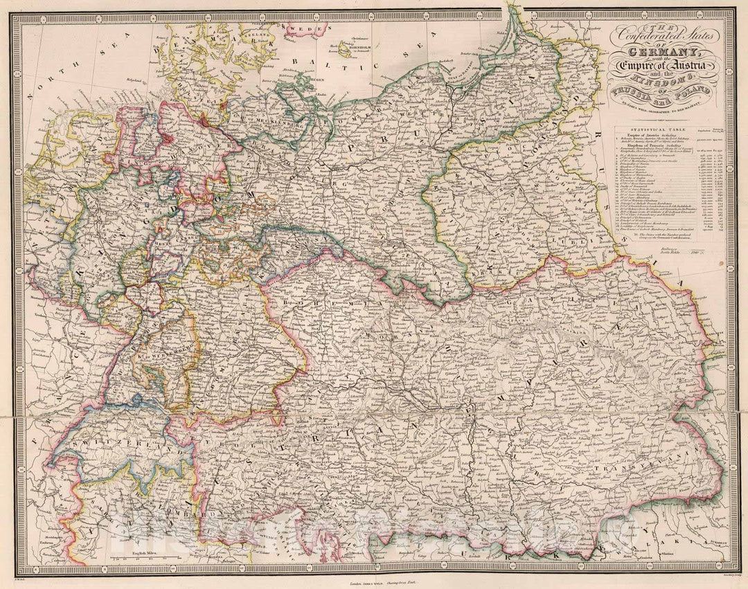 Historic Wall Map : 1864 Germany the Empire of Austria and the Kingdoms of Prussia and Poland - Vintage Wall Art