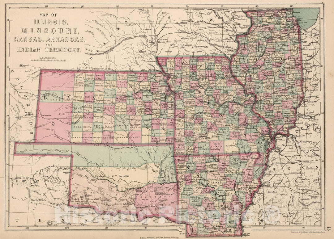 Historic Map : 1873 Illinois, Missouri, Kansas, Arkansas, and Indian Territory. - Vintage Wall Art