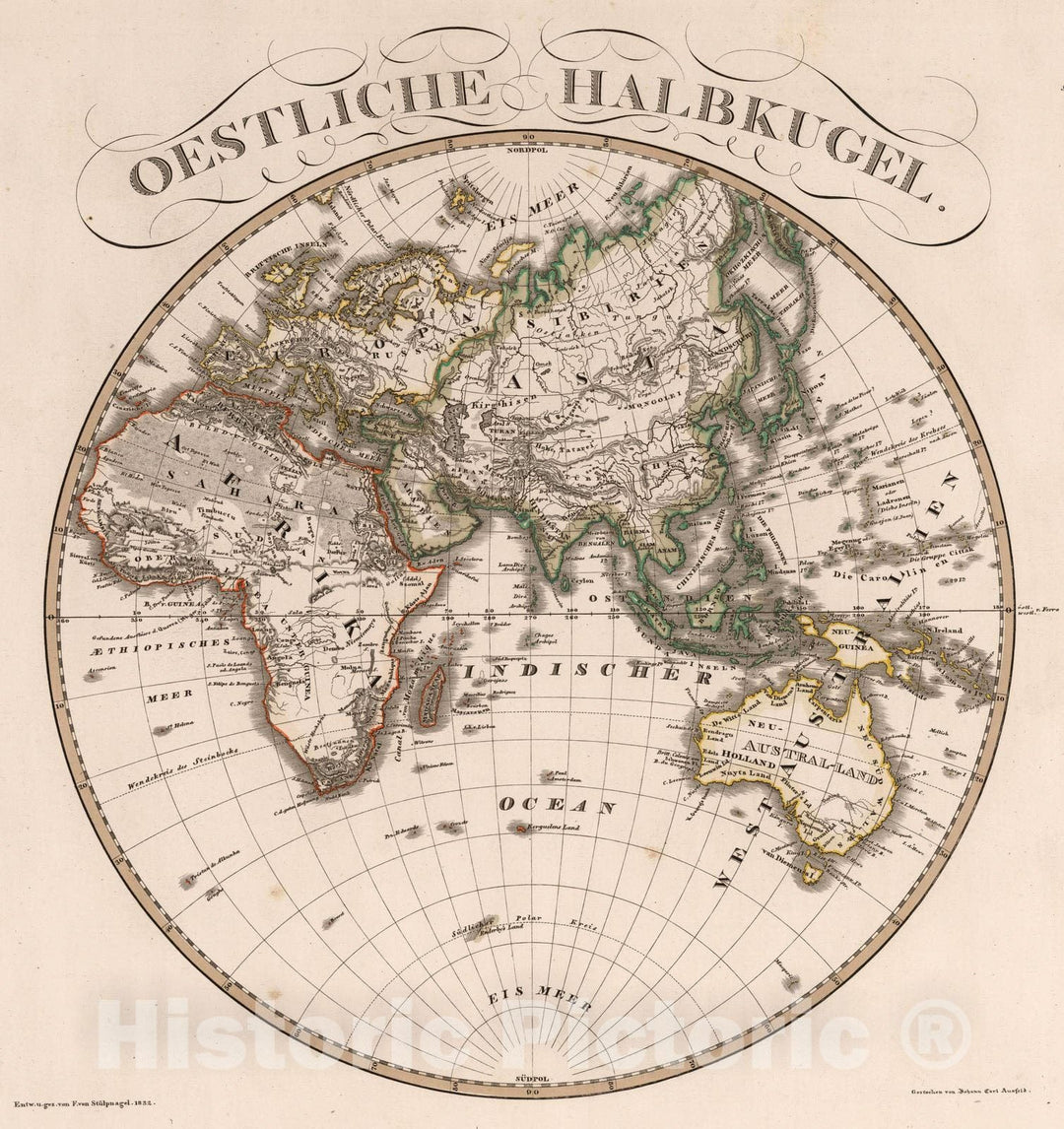 Historic Map : 1832 Oestliche Halbkugel. (Eastern Hemisphere). - Vintage Wall Art