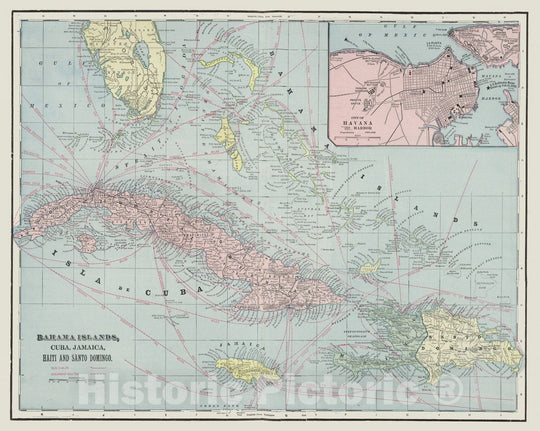 Historic Map : Cuba; Bahamas; Santo Domingo; Jamaica, 1901 Bahama Islands, Cuba, Jamaica, Haiti and Santo Domingo. , Vintage Wall Art