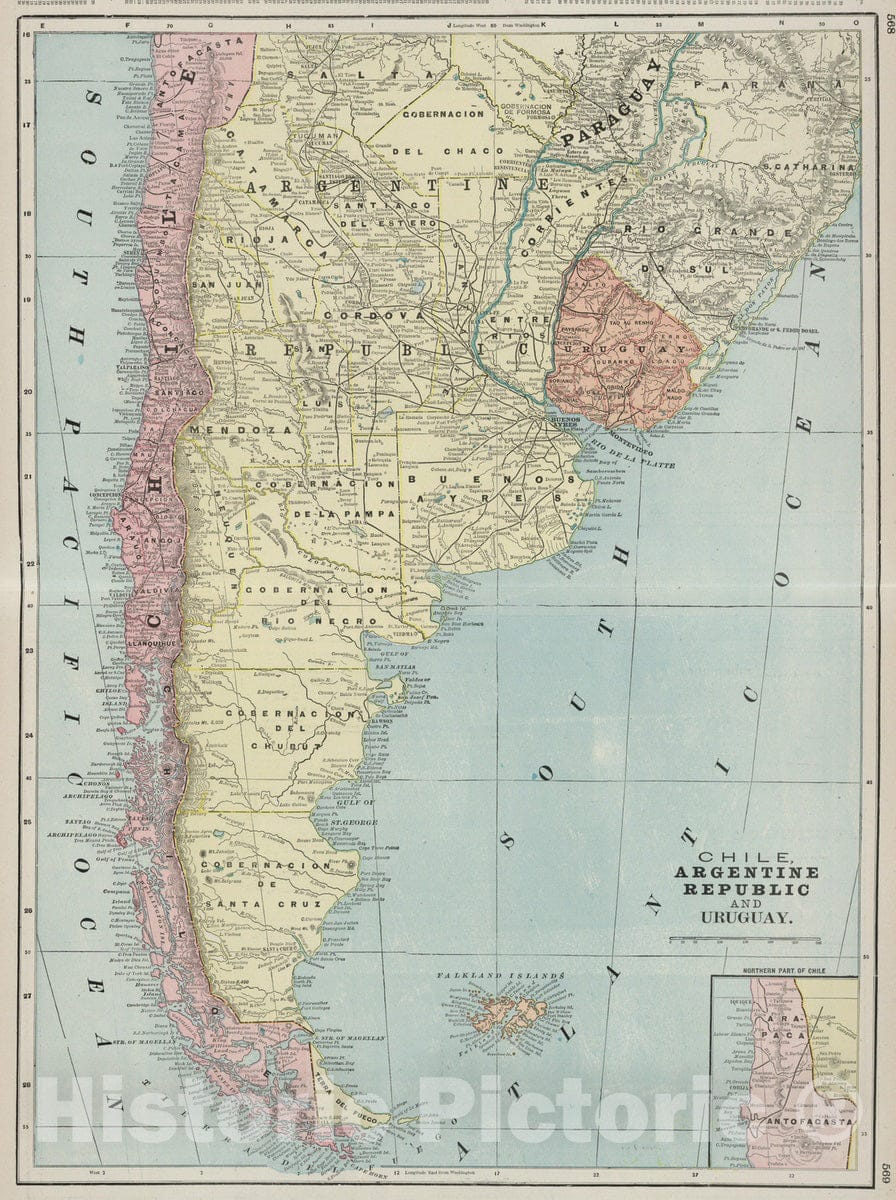 Historic Map : 1901 Chile, Argentine Republic and Uruguay. - Vintage Wall Art