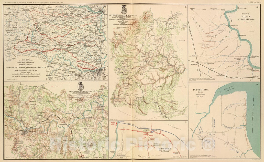 Historic Map : Military Atlas - 1895 Routes Petersburg-Amelia C.H; Appomattox C.H; High Bridge, Farmville. - Vintage Wall Art