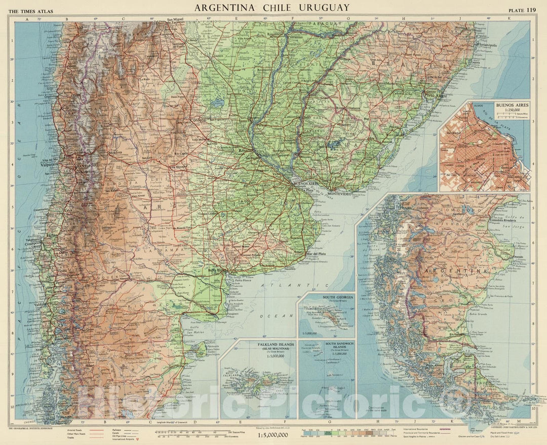 Historic Map : Argentina; Chile; Uruguay, 1957 Argentina, Chile, Uruguay, Plate 119, Vol. V , Vintage Wall Art