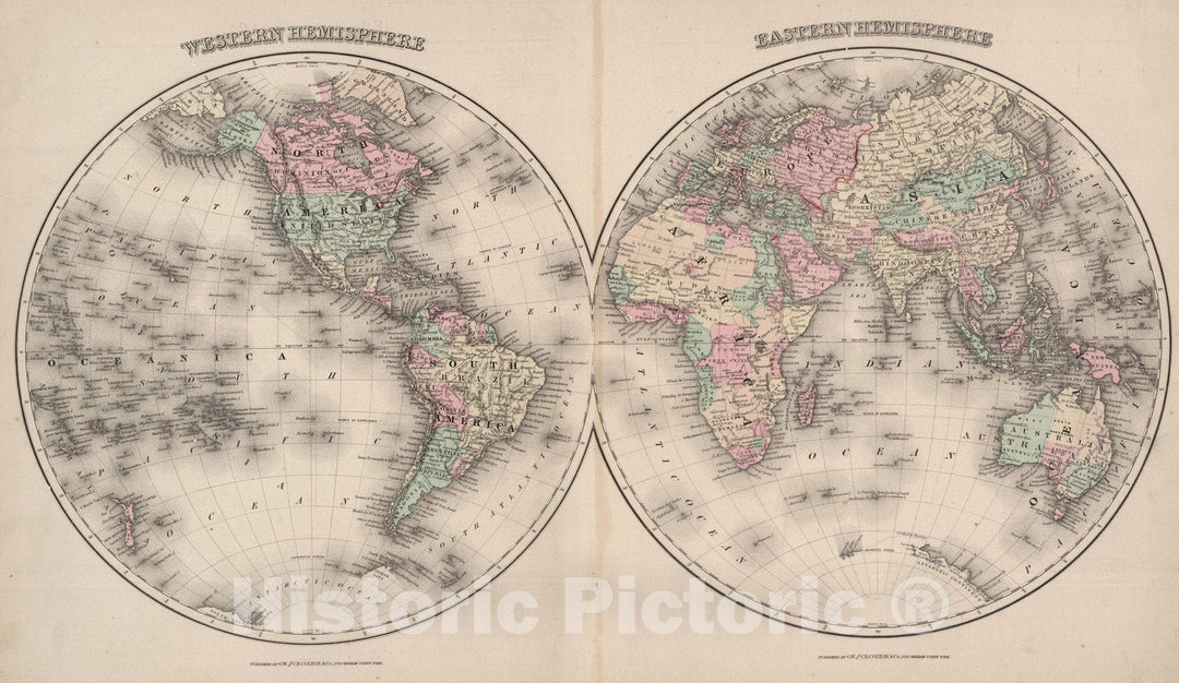 Historic Map : 1886 Western Hemisphere. Eastern Hemisphere. v1 - Vintage Wall Art