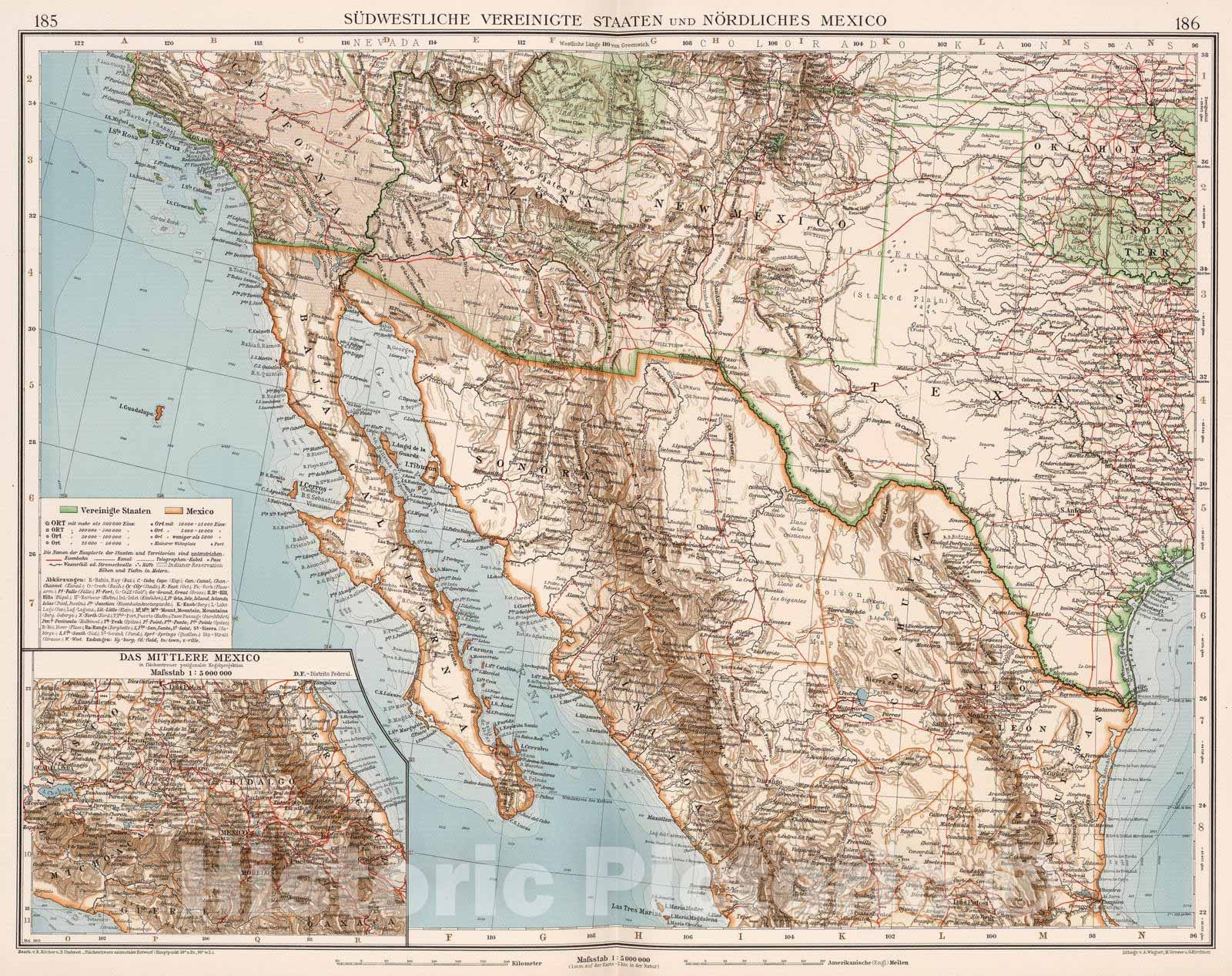 Historic Map : United States; Mexico, , North America 1905 Sudwestliche Vereinigte Staaten und Nordliches Mexico , Vintage Wall Art