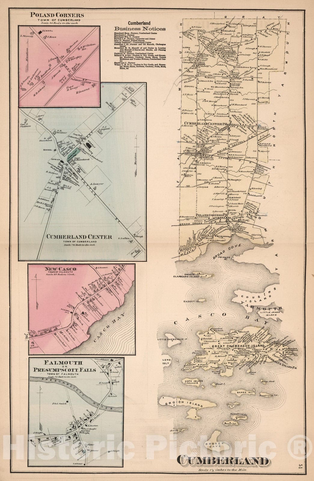 Historic Map : 1871 Cumberland, Cumberland County, Maine. Poland Corners. Cumberland Center. New Casco. Falmouth. - Vintage Wall Art