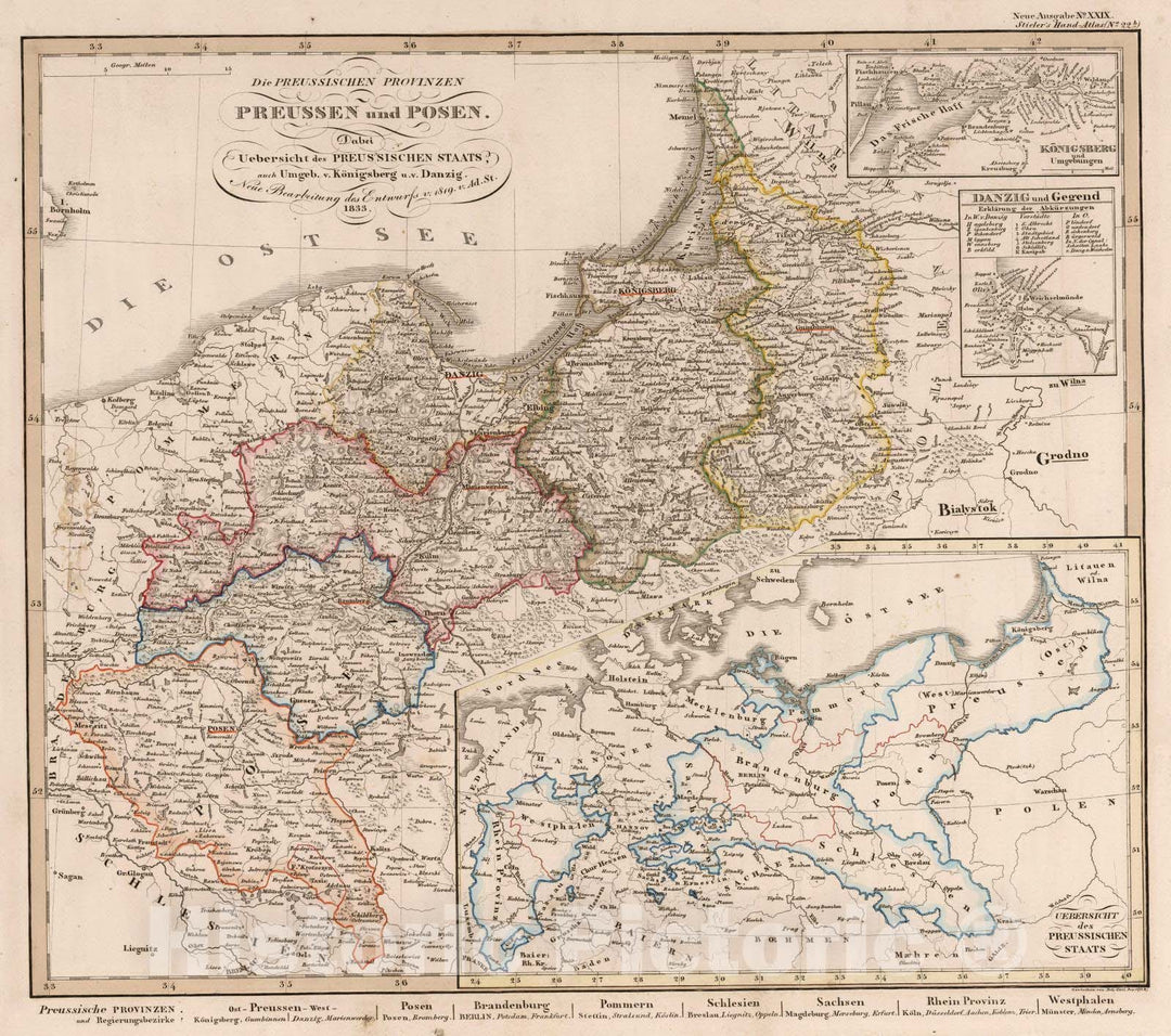 Historic Map : Poland; Kaliningrad, 1833 Die Preussischen Provinzen, Preussen und Posen. (Prussia, Overview of the Prussian States). , Vintage Wall Art