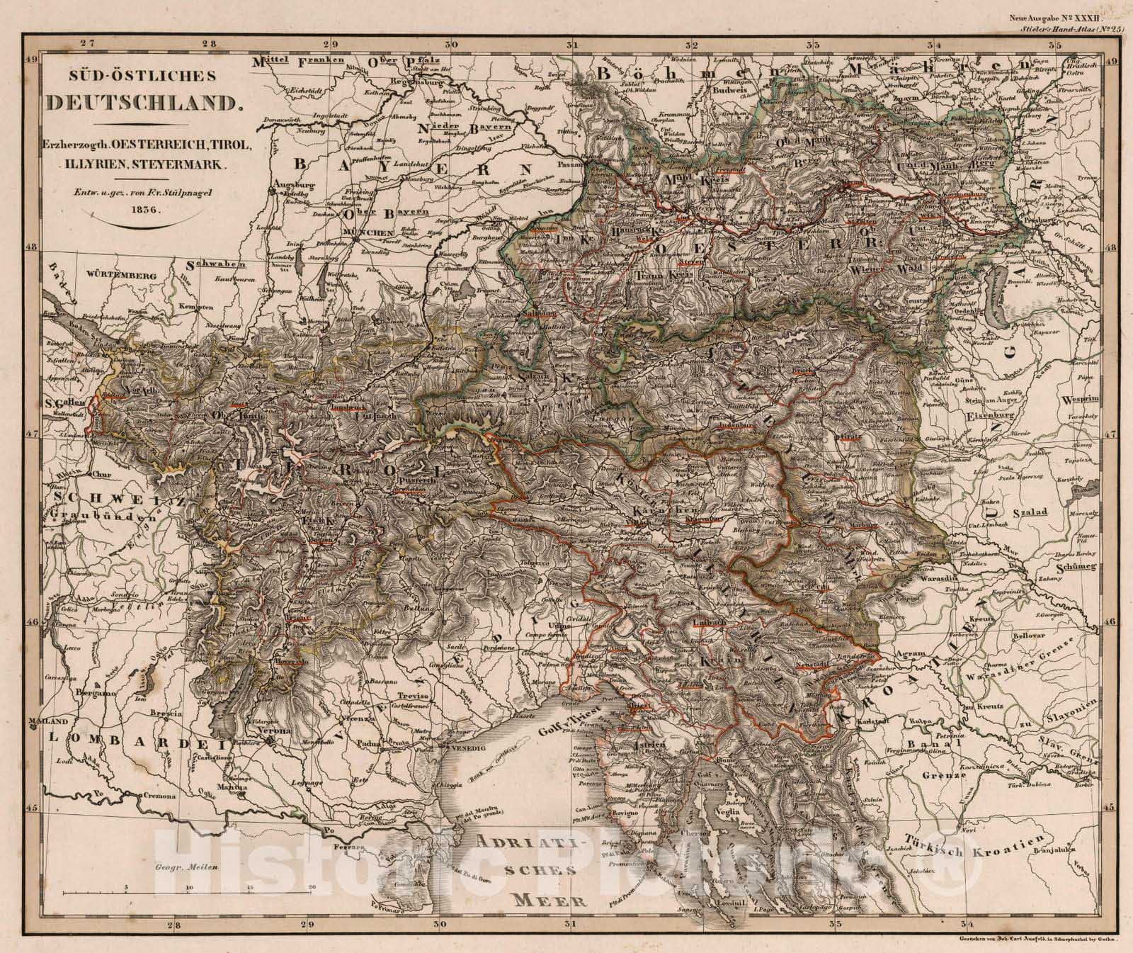 Historic Map : Austria; Italy; Slovenia, 1836 Sud-Ostliches Deutschland (Southeast Germany). , Vintage Wall Art