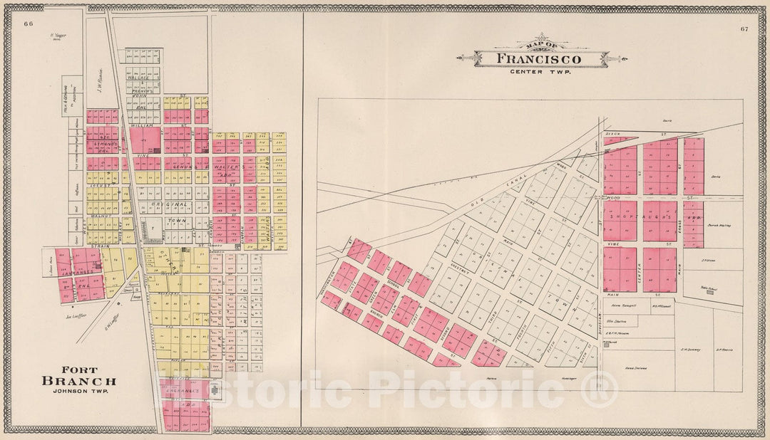 Historic Map : 1899 Fort Branch, Johnson Township, Gibson County, Indiana. Francisco, Center Township. - Vintage Wall Art