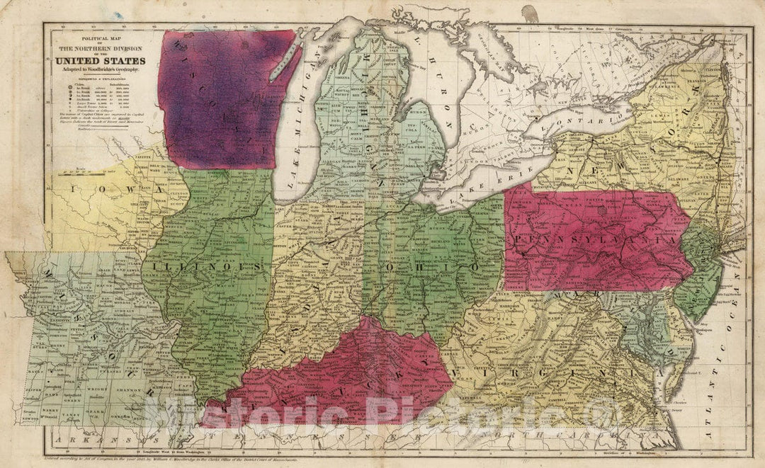 Historic Map : School Atlas - 1849 Political Map Of The Northern Division Of the United States - Vintage Wall Art