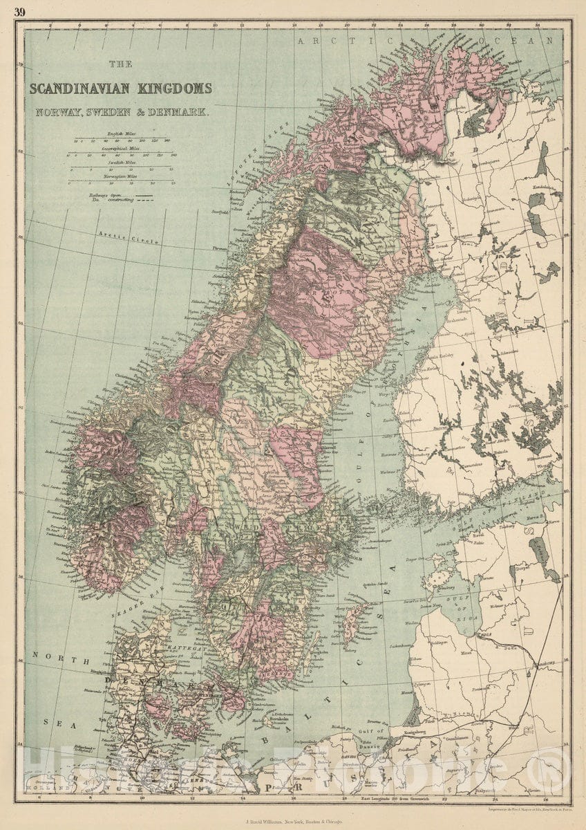 Historic Map - World Atlas - 1873 Scandinavian Kingdoms, Norway, Sweden, and Denmark. - Vintage Wall Art