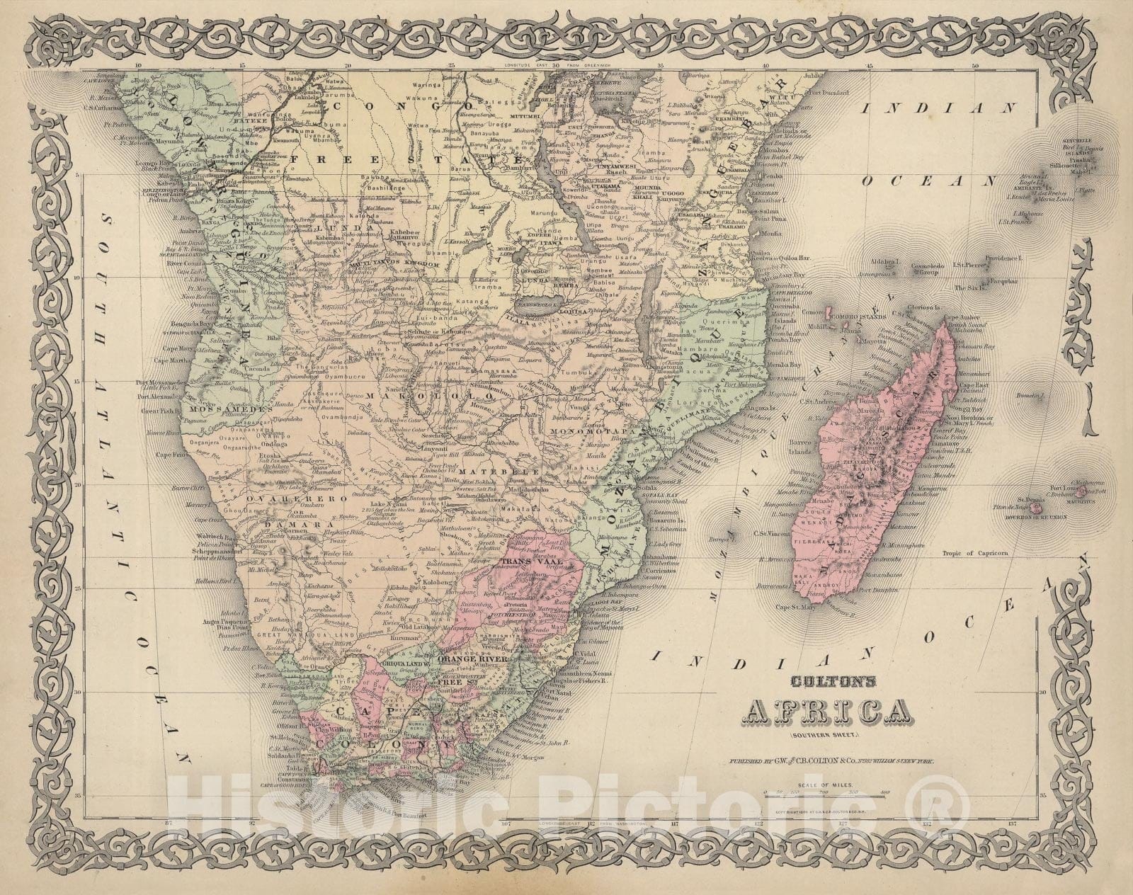 Historic Map - World Atlas - 1886 Southern Africa. - Vintage Wall Art