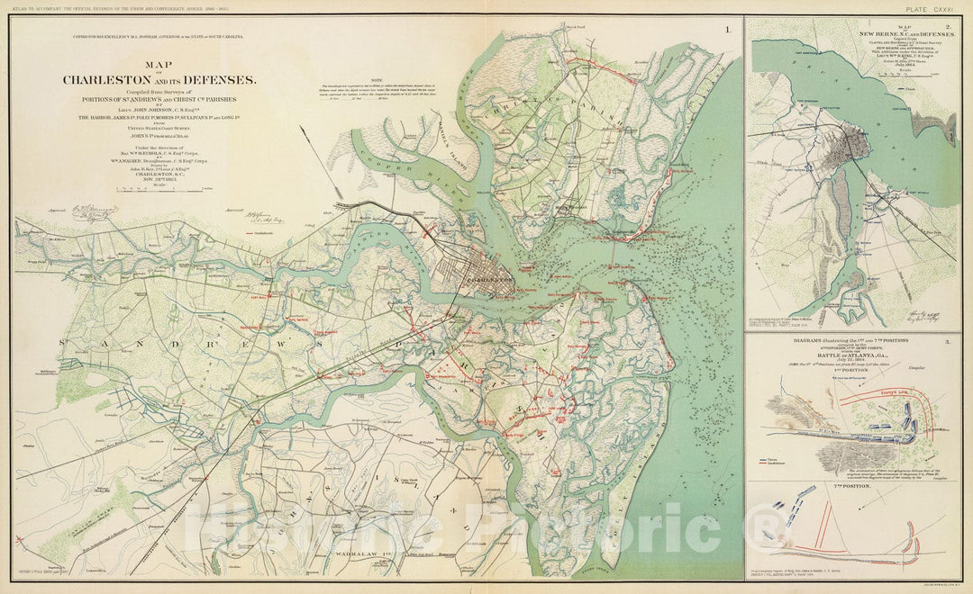 Historic Map : Military Atlas - 1895 Charleston, defenses. - Vintage Wall Art