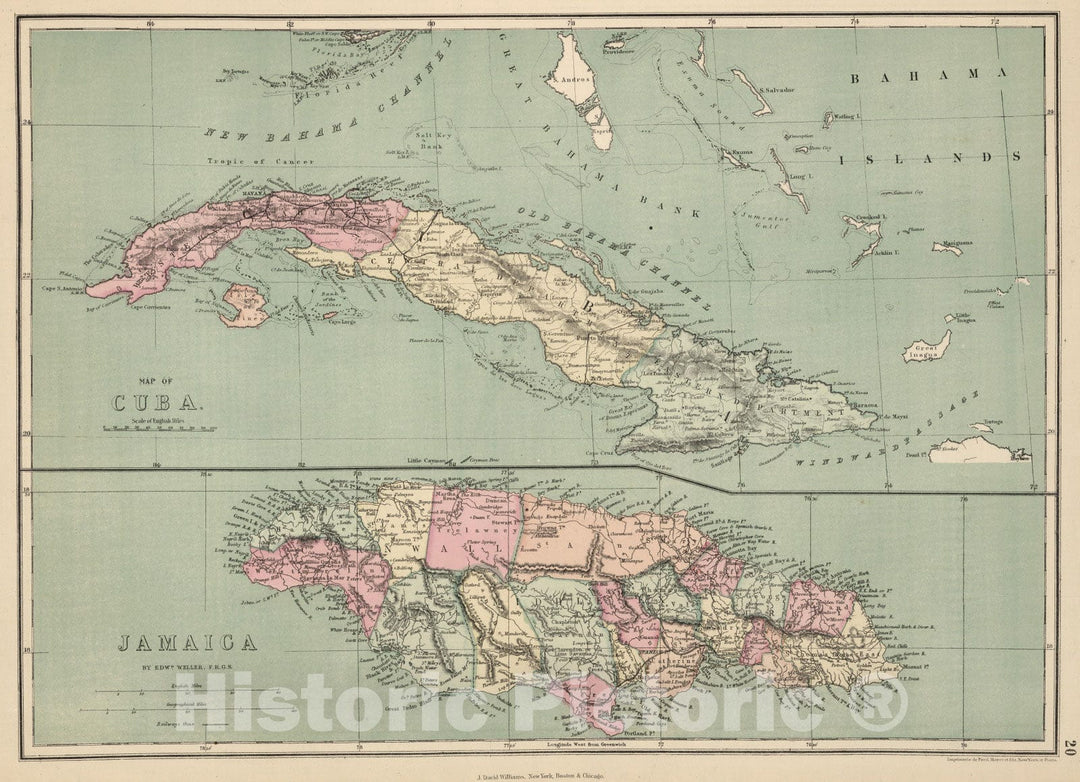 Historic Map : Cuba; Jamaica, 1873 Cuba. Jamaica. , Vintage Wall Art