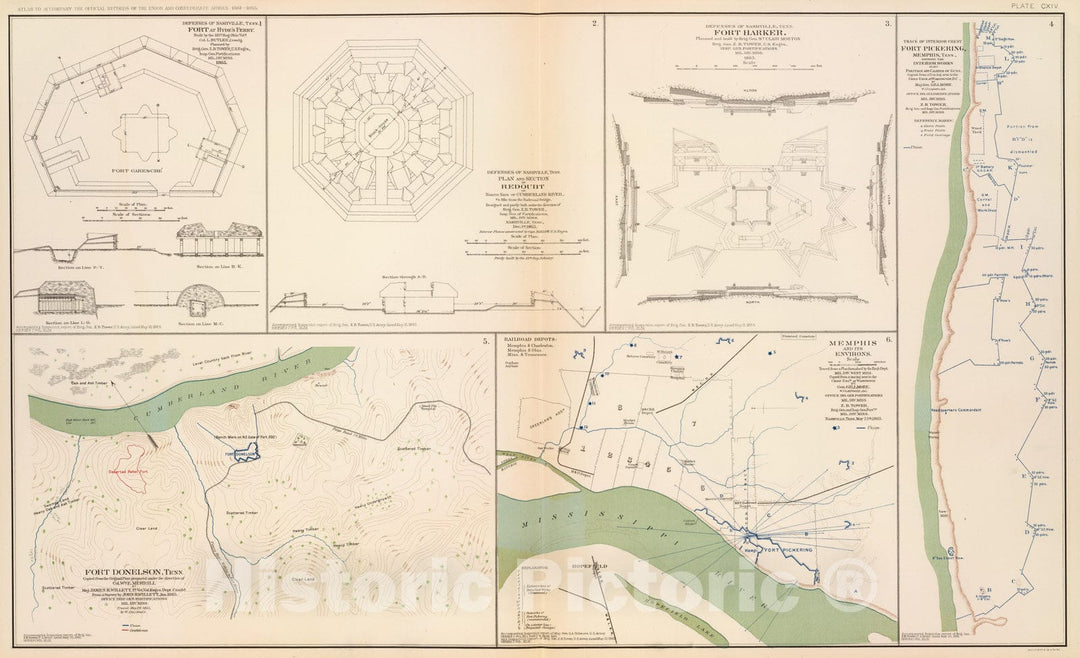 Historic Map : Military Atlas - 1895 Ft. Donelson, Memphis, Nashville. - Vintage Wall Art