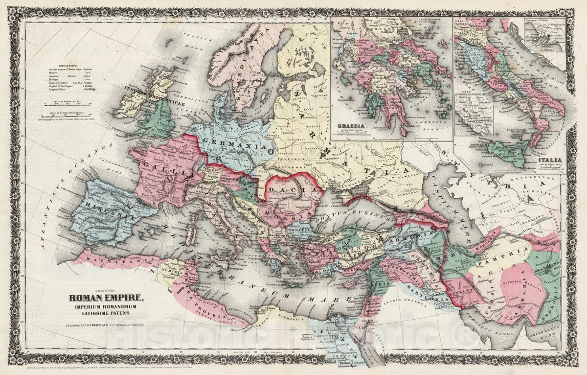 Historic Map : Greece; Italy, Mediterranean, Europe 1858 Roman Empire. , Vintage Wall Art