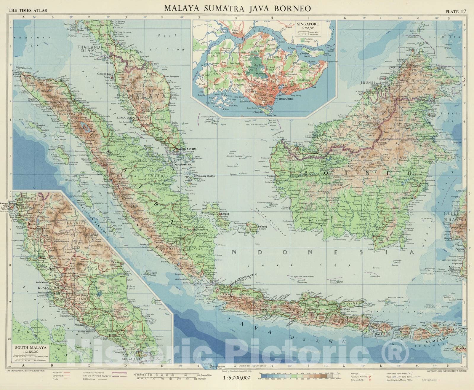 Historic Map : Malaya; Indonesia; Borneo; Singapore, 1958 Malaya Sumatra Java Borneo. Plate 17, v.1 , Vintage Wall Art