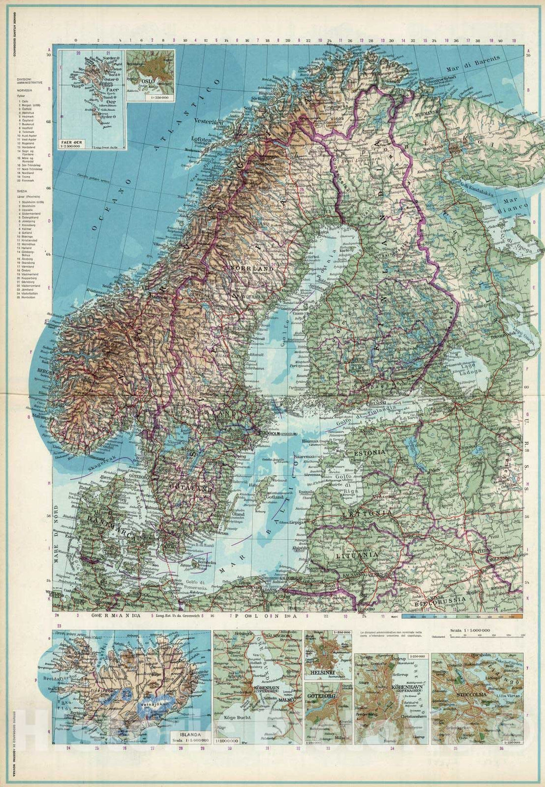 Historic Map : Lithuania; Estonia; Latvia; Iceland, Baltic Sea 1952 Paesi Scandinavi Finlandia. , Vintage Wall Art