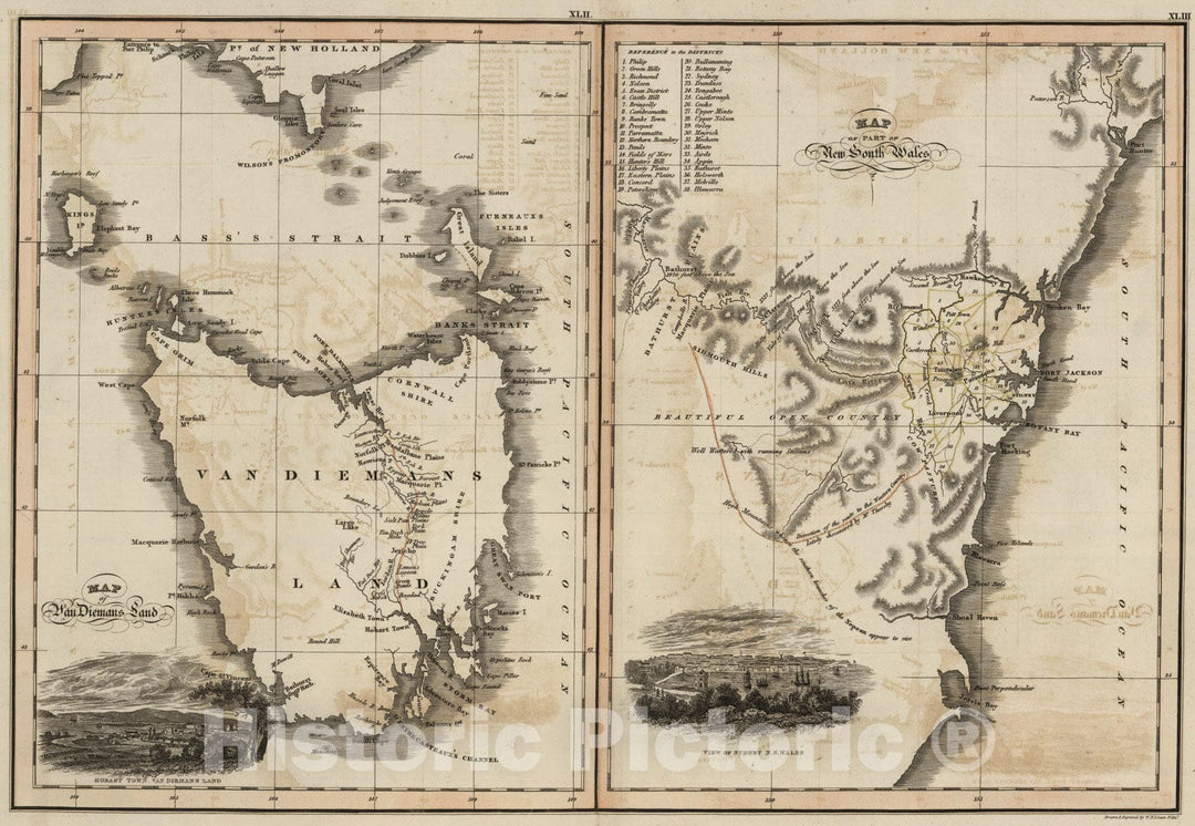 Historic Map : Tasmania, New South Wales 1824 Map of Van Diemans Land ; Map of part of New South Wales , Vintage Wall Art