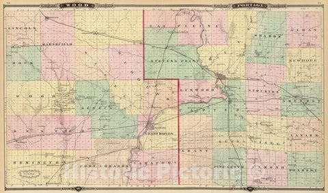 Historic Map : 1878 Map of Wood and Portage counties, State of Wisconsin. - Vintage Wall Art