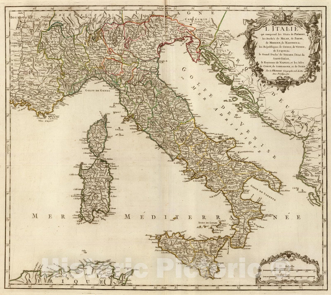 Historic Map : Italy; Slovenia, Corsica 1750 L'Italie. , Vintage Wall Art