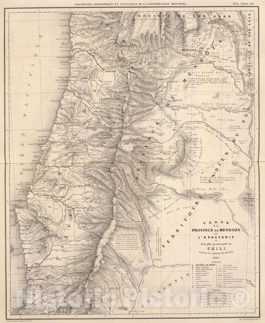 Historic Map : Argentina; Chile, Mendoza (Argentina : Province) 1873 Carte, Province de Mendoza, l'Araucanie, partie du Chili. , Vintage Wall Art