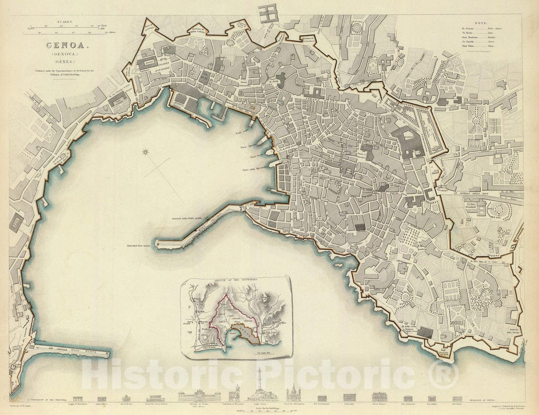 Historic Map : Italy , Genoa (Italy), 1836 Genoa. Genova. Genes. , Vintage Wall Art