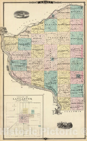 Historic Map : 1878 Map of Grant County and Village of Lancaster, State of Wisconsin. - Vintage Wall Art