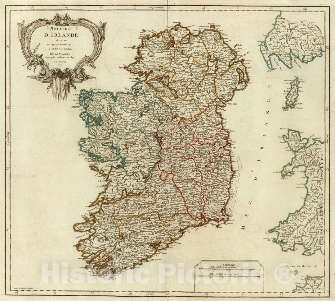 Historic Map : Ireland, 1750 Royaume d'Irlande. , Vintage Wall Art