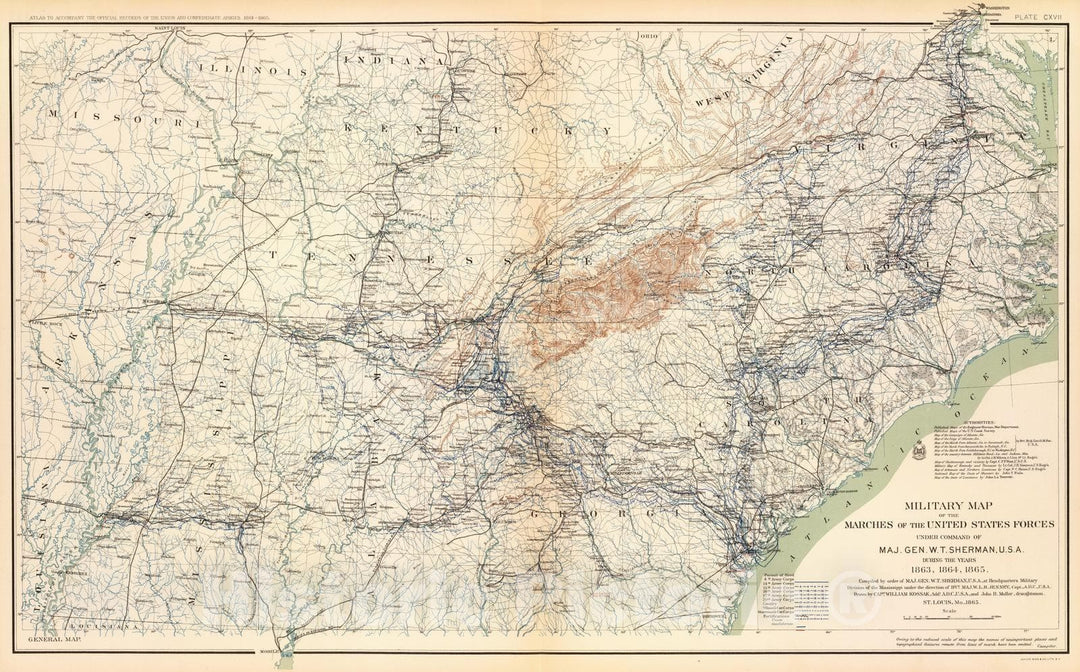 Historic Map : Military Atlas - 1895 Military map, W.T. Sherman. - Vintage Wall Art