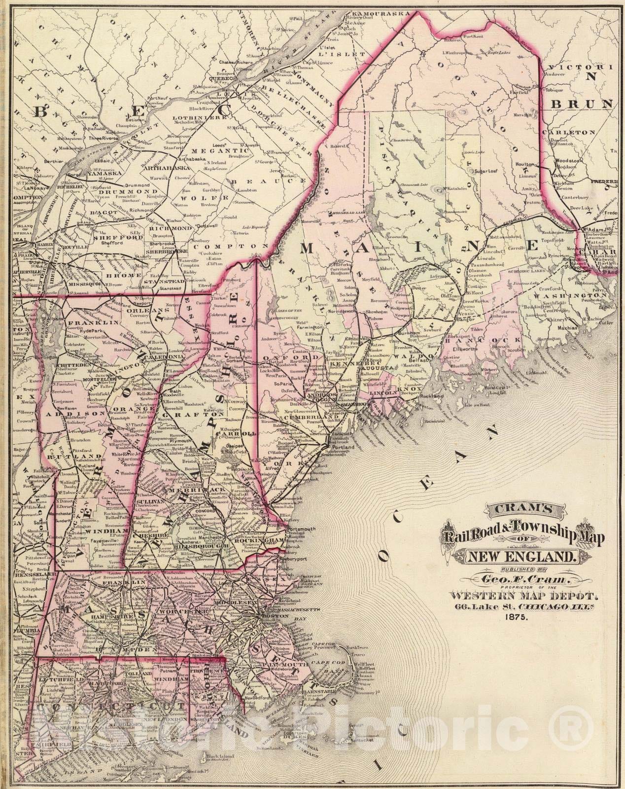 Historic Map : National Atlas - 1875 New England. - Vintage Wall Art