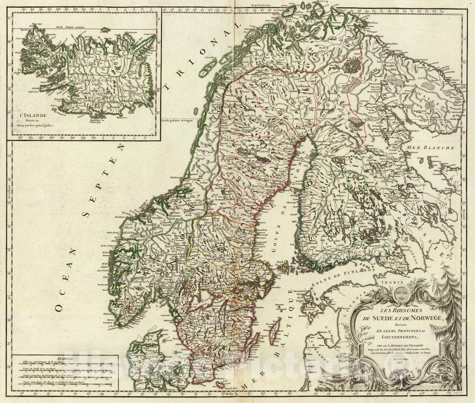 Historic Map : Norway; Sweden, Scandinavia 1756 Suede, Norwege, l'Islande. , Vintage Wall Art