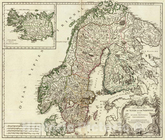 Historic Map : Norway; Sweden, Scandinavia 1756 Suede, Norwege, l'Islande. , Vintage Wall Art