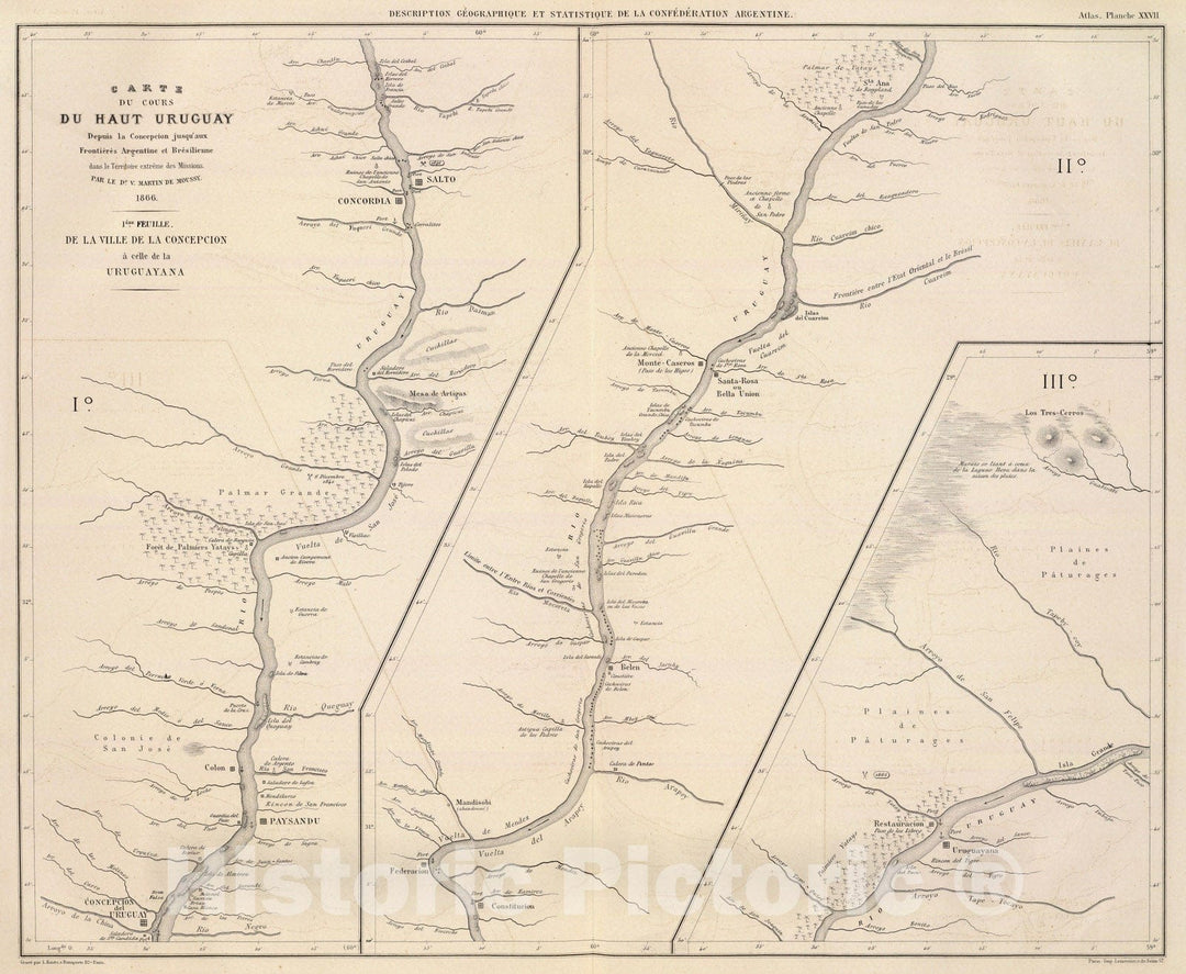 Historic Map : Argentina; Uruguay, Uruguay River 1873 Carte, cours du Haut Uruguay, 1. flle. Concepcion-Uruguayana. , Vintage Wall Art