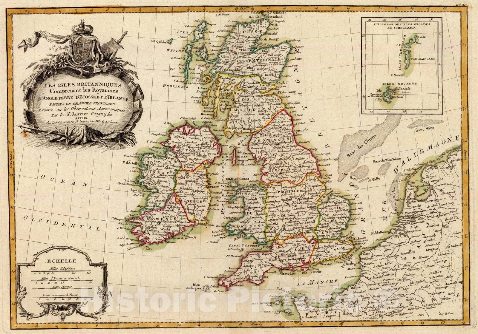 Historic Wall Map : England; Ireland, British Isles 1780 Isles Britanniques. , Vintage Wall Art