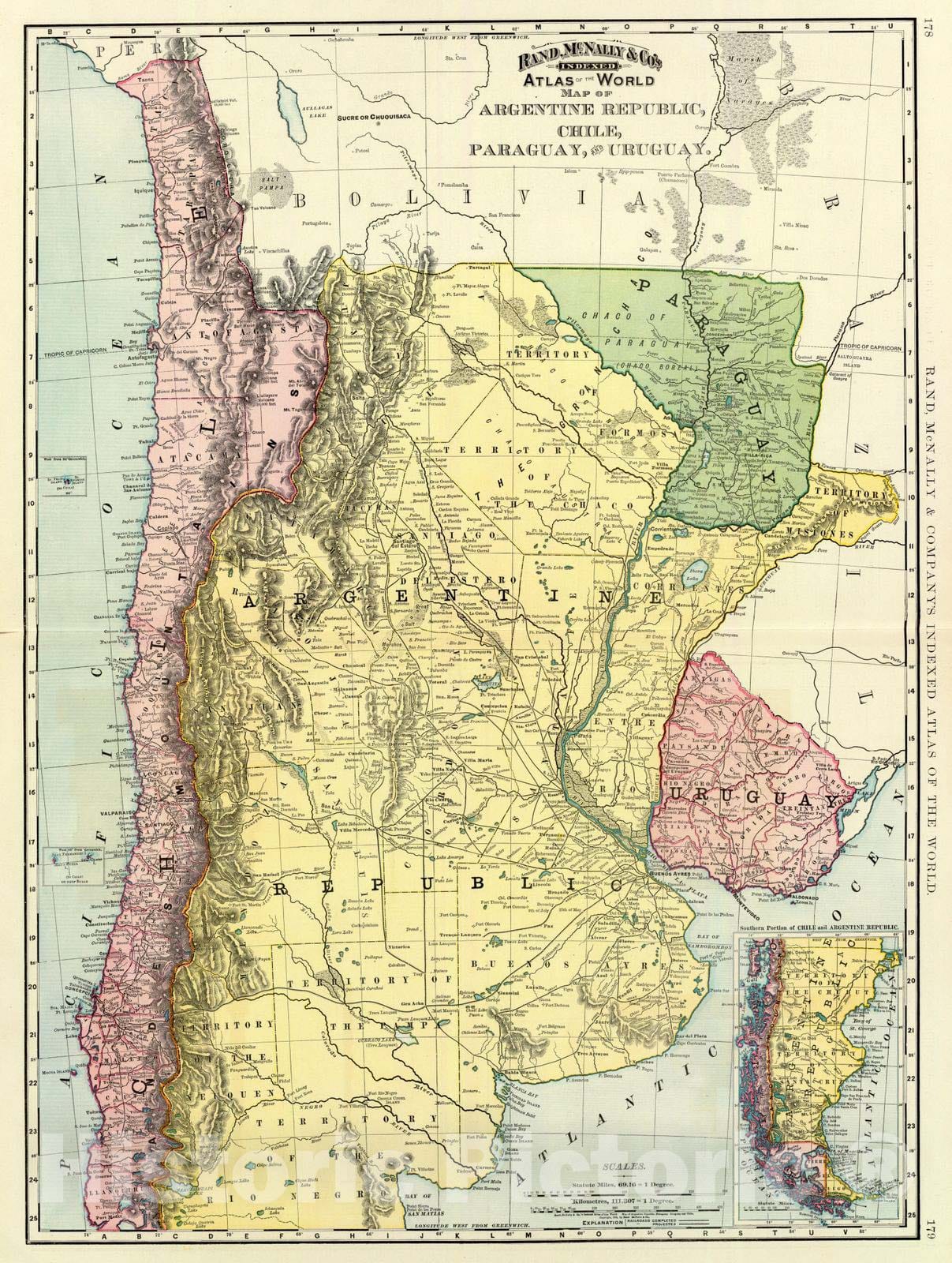 Historic Map : Argentina; Chile, 1897 Argentina, Chile, Paraguay, Uruguay. , Vintage Wall Art