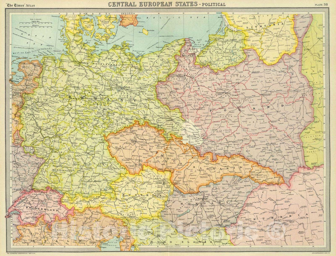 Historic Wall Map : 1922 Central European states - political. - Vintage Wall Art