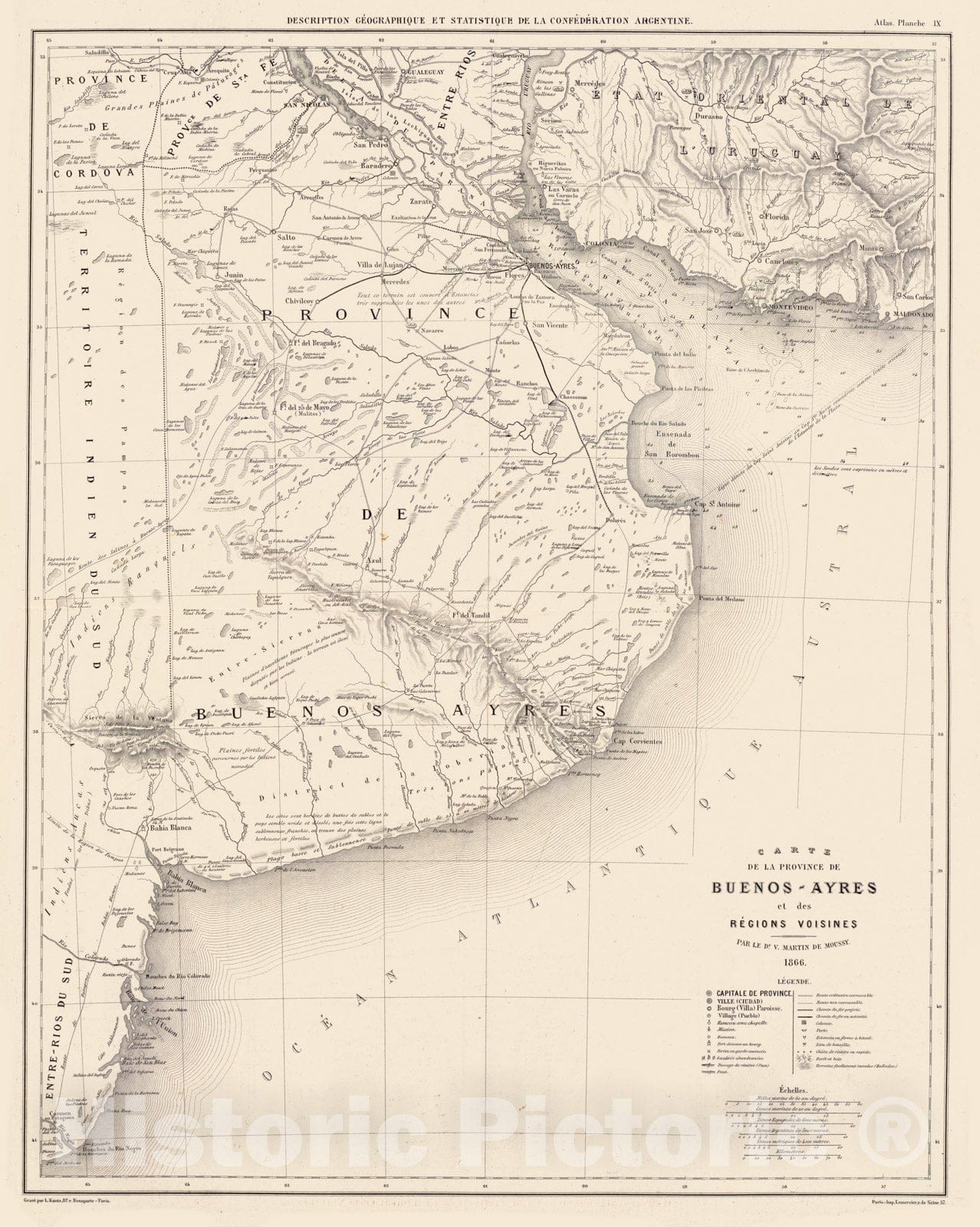 Historic Map : Argentina; Uruguay, Buenos Aires (Argentina : Province) 1873 Carte, Province de Buenos-Ayres, regions voisines. , Vintage Wall Art