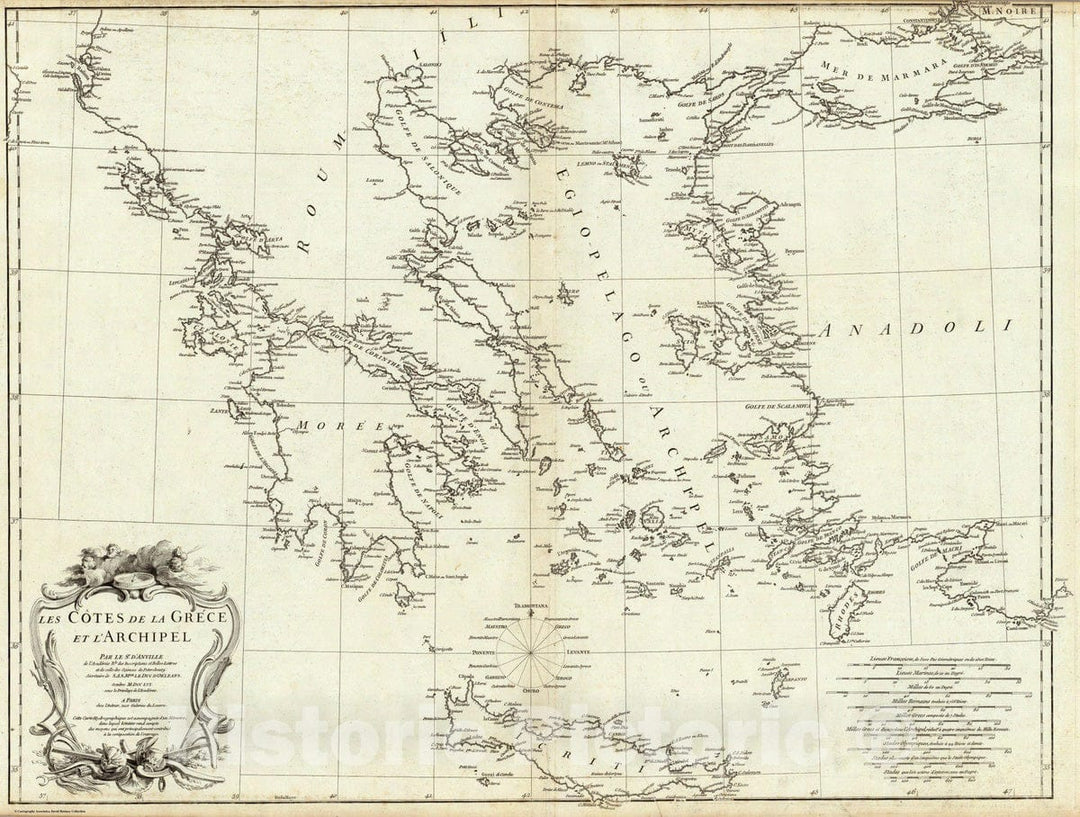 Historic Map : Greece; Turkey, 1756 Les Cotes de la Grece et l'Archipel. , Vintage Wall Art