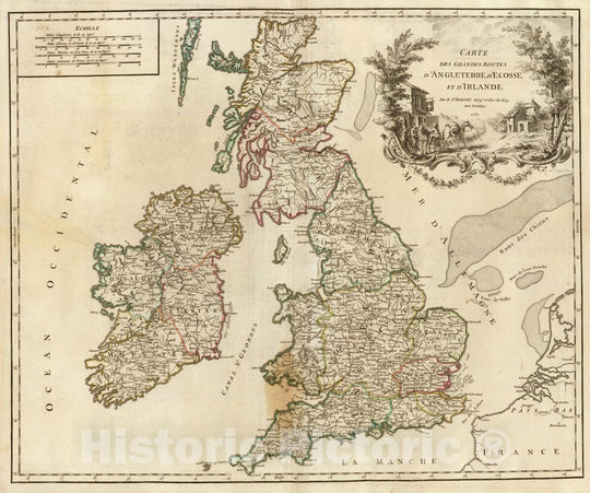 Historic Map : England; Ireland, British Isles 1757 Iles Britaniques routes. , Vintage Wall Art