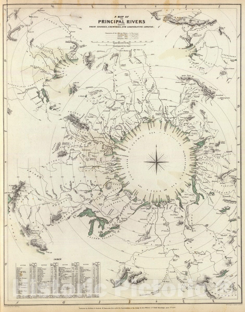 Historic Map : 1834 Map of the principal rivers: courses, countries, lengths. - Vintage Wall Art