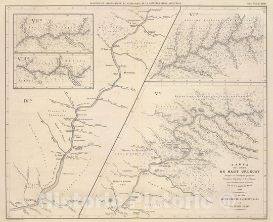 Historic Map : Argentina; Brazil, Uruguay River 1873 Carte, cours du Haut Uruguay, 2. flle. Uruguayana-Rio Pepiri-Guazu. , Vintage Wall Art