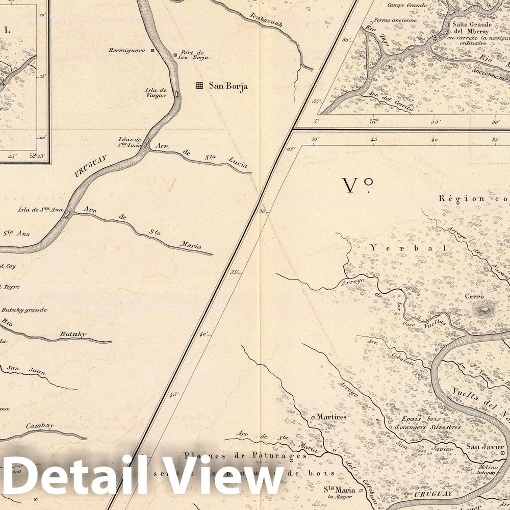 Historic Map : Argentina; Brazil, Uruguay River 1873 Carte, cours du Haut Uruguay, 2. flle. Uruguayana-Rio Pepiri-Guazu. , Vintage Wall Art