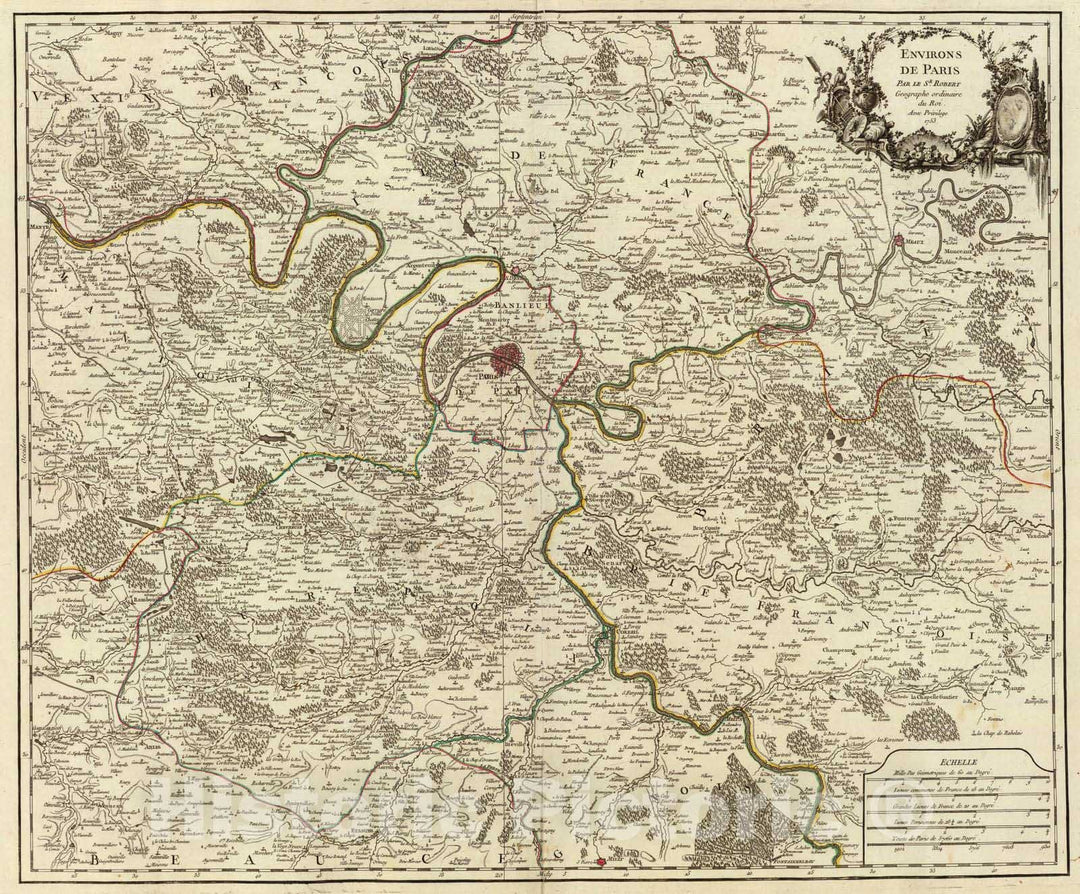 Historic Map : France, Paris Region , France 1753 Environs de Paris. , Vintage Wall Art